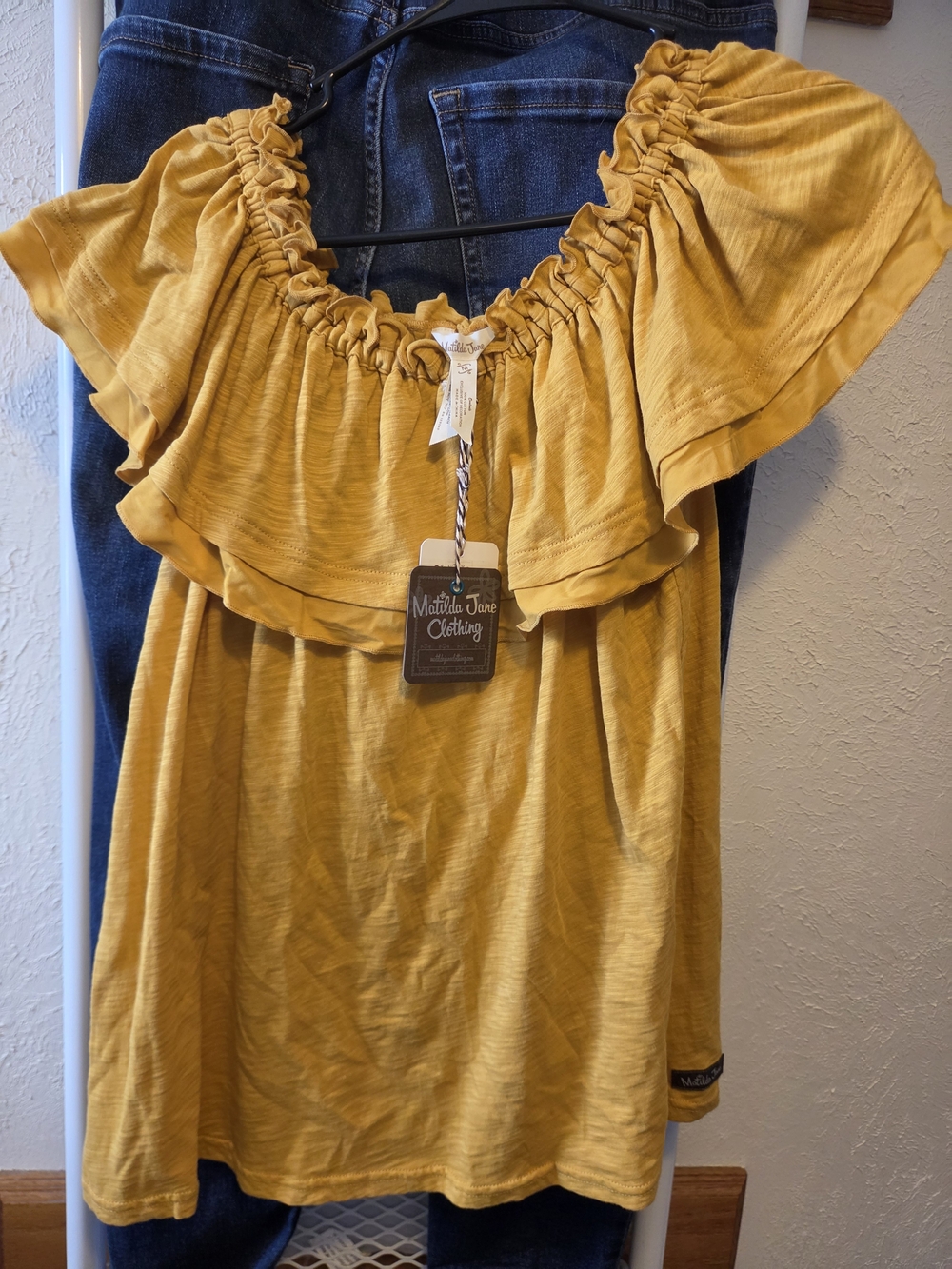 Matilda Jane Mustard Off-Shoulder Ruffle Blouse